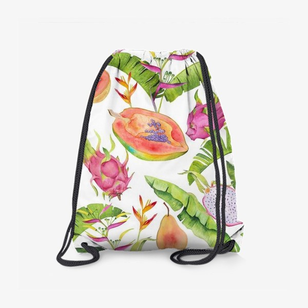 Рюкзак «Сочные тропические фрукты и цветы на белом: геликонии, драгонфрут и папайа»