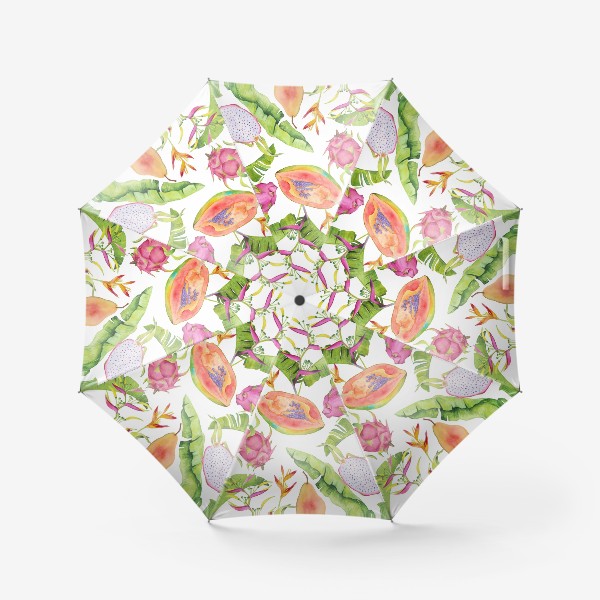 Зонт &laquo;Сочные тропические фрукты и цветы на белом: геликонии, драгонфрут и папайа&raquo;