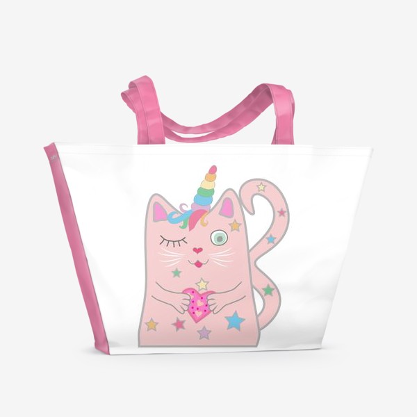 Пляжная сумка «Подмигивающий котик-единорог с сердечком»