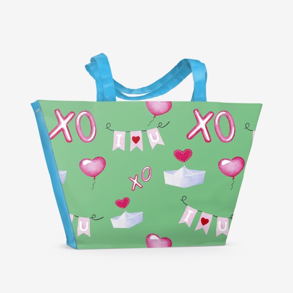 Пляжная сумка «Паттерн ко дню св.Валентина, зеленый фон»