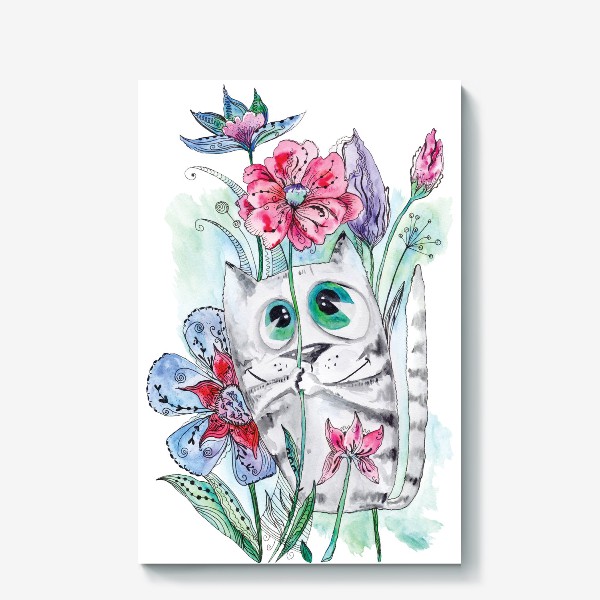 Холст «Забавный летний акварельный котик с цветами»