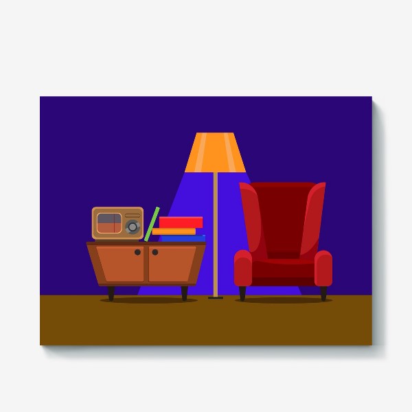 Холст «Интерьер с радио, комодом, красным креслом и торшером на фиолетовом фоне. Цифровой рисунок. Вектор.»