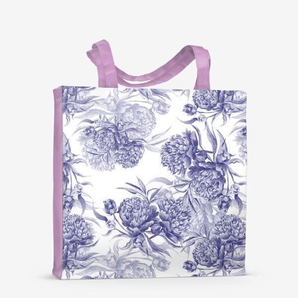 Сумка-шоппер «Акварельные пионы в цвете индиго, ботаническая иллюстрация»
