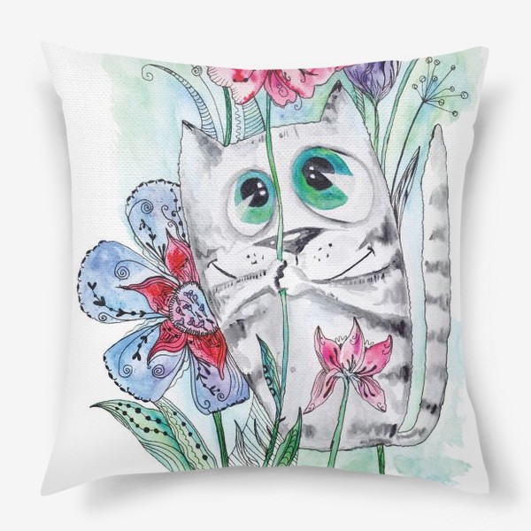 Подушка &laquo;Забавный летний акварельный котик с цветами&raquo;