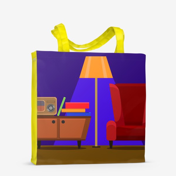 Сумка-шоппер &laquo;Интерьер с радио, комодом, красным креслом и торшером на фиолетовом фоне. Цифровой рисунок. Вектор.&raquo;