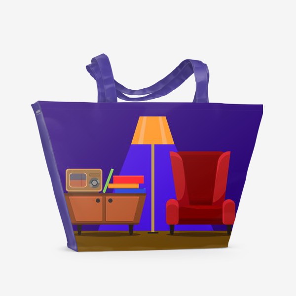 Пляжная сумка «Интерьер с радио, комодом, красным креслом и торшером на фиолетовом фоне. Цифровой рисунок. Вектор.»