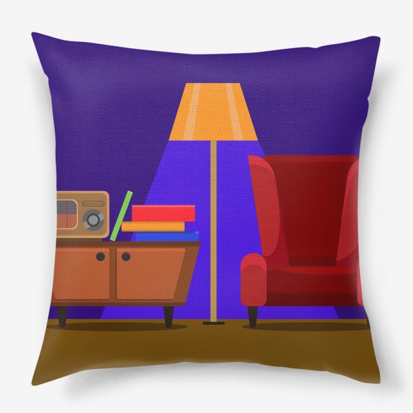 Подушка «Интерьер с радио, комодом, красным креслом и торшером на фиолетовом фоне. Цифровой рисунок. Вектор.»