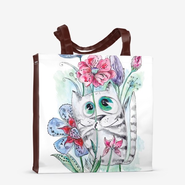 Сумка-шоппер «Забавный летний акварельный котик с цветами»