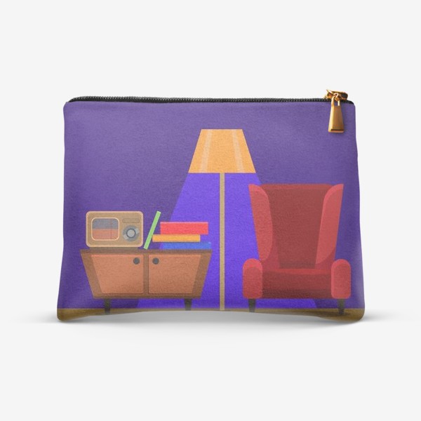 Косметичка &laquo;Интерьер с радио, комодом, красным креслом и торшером на фиолетовом фоне. Цифровой рисунок. Вектор.&raquo;