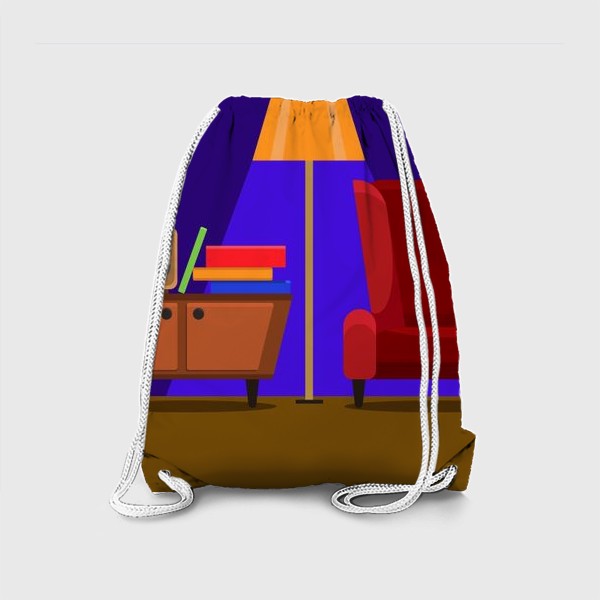 Рюкзак «Интерьер с радио, комодом, красным креслом и торшером на фиолетовом фоне. Цифровой рисунок. Вектор.»