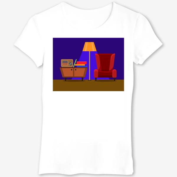 Футболка &laquo;Интерьер с радио, комодом, красным креслом и торшером на фиолетовом фоне. Цифровой рисунок. Вектор.&raquo;