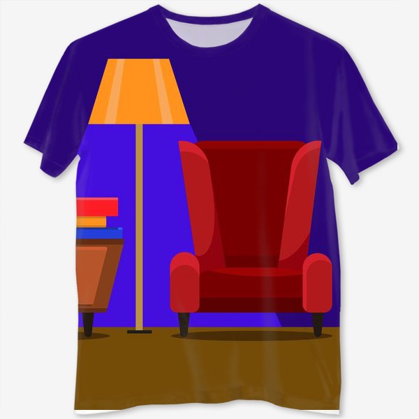 Футболка с полной запечаткой «Интерьер с радио, комодом, красным креслом и торшером на фиолетовом фоне. Цифровой рисунок. Вектор.»