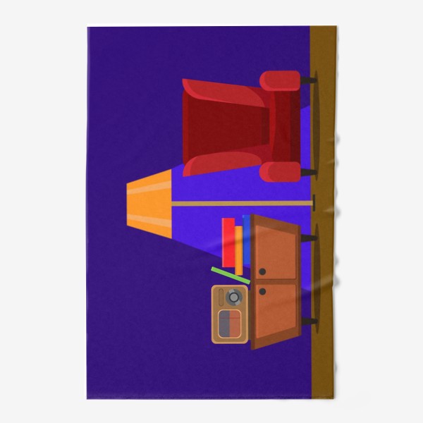 Полотенце «Интерьер с радио, комодом, красным креслом и торшером на фиолетовом фоне. Цифровой рисунок. Вектор.»