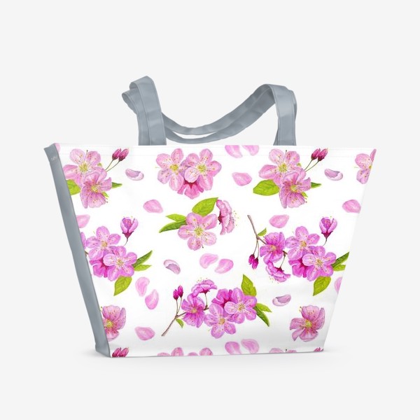 Пляжная сумка «Цветущая вишня паттерн на белом фоне»