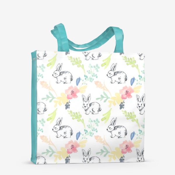 Сумка-шоппер «Цветочный акварельный паттерн с нарисованными кроликами»