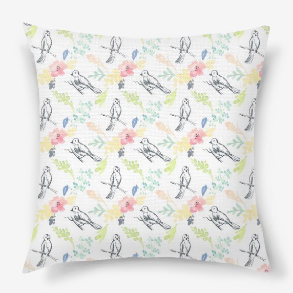 Подушка «Цветочный акварельный паттерн с нарисованными птицами»
