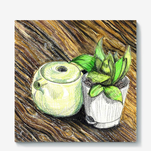 Холст «Чайник и растение на деревянном столе. Акварельные карандаши.»