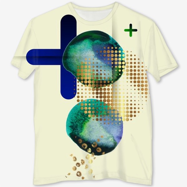Футболка с полной запечаткой «Акварельный абстрактный фон с золотыми геометрическими элементами»