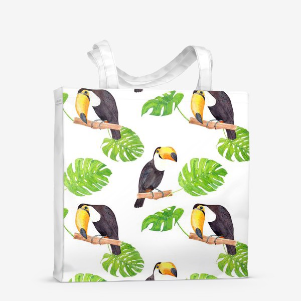 Сумка-шоппер «Птица тукан и листья монстеры. Тропический летний акварельный паттерн на белом фоне»
