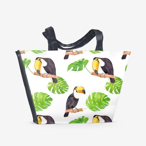 Пляжная сумка «Птица тукан и листья монстеры. Тропический летний акварельный паттерн на белом фоне»