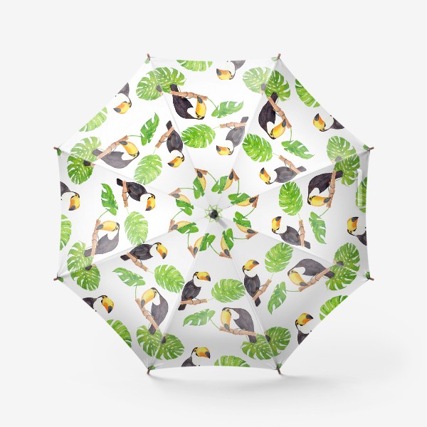 Зонт &laquo;Птица тукан и листья монстеры. Тропический летний акварельный паттерн на белом фоне&raquo;