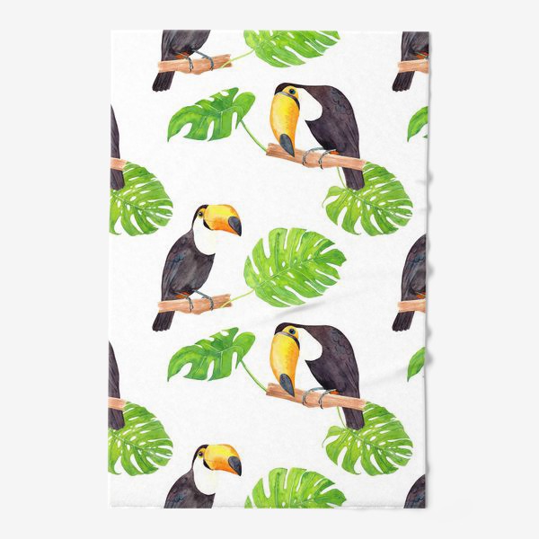 Полотенце «Птица тукан и листья монстеры. Тропический летний акварельный паттерн на белом фоне»
