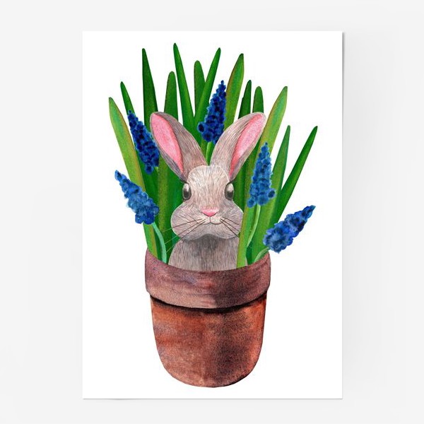 Постер «Милый кролик в горшке с весенними мускари»