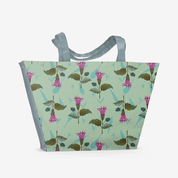 Пляжная сумка «Цветы дурмана на светло-голубом травяном фоне»