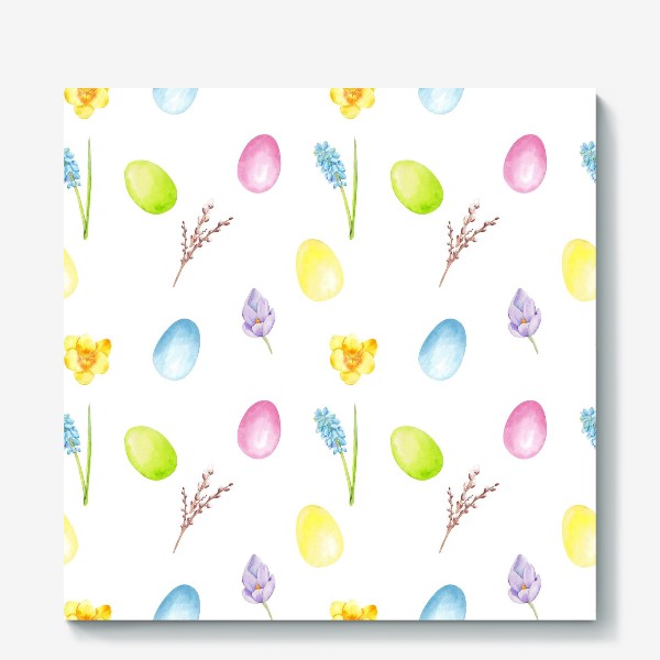 Холст «Пасха. Цветные яйца, весенние цветы, верба. Акварельный паттерн на белом фоне»