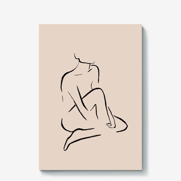 Холст &laquo;Абстрактный женский силуэт. Линейный рисунок чернилами, графика на бежевом фоне&raquo;