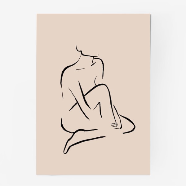 Постер «Абстрактный женский силуэт. Линейный рисунок чернилами, графика на бежевом фоне»