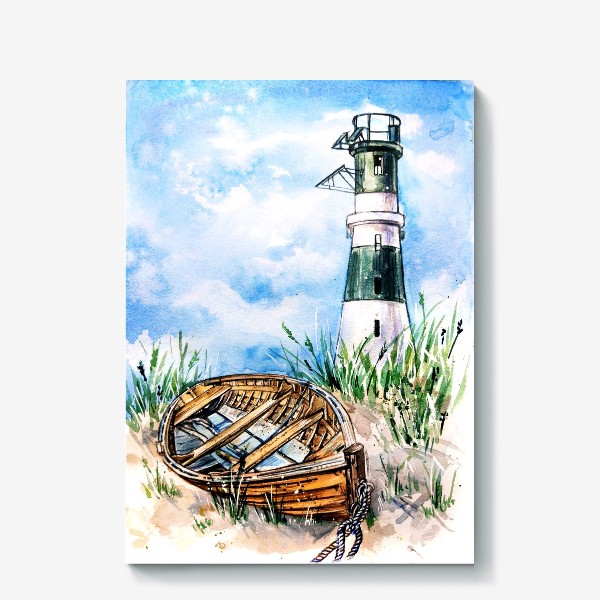 Холст «зеленый маяк с лодкой»