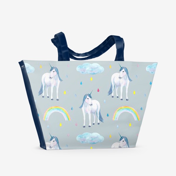 Пляжная сумка «Единорог и радуга. Акварельный детский сказочный принт на голубом фоне»