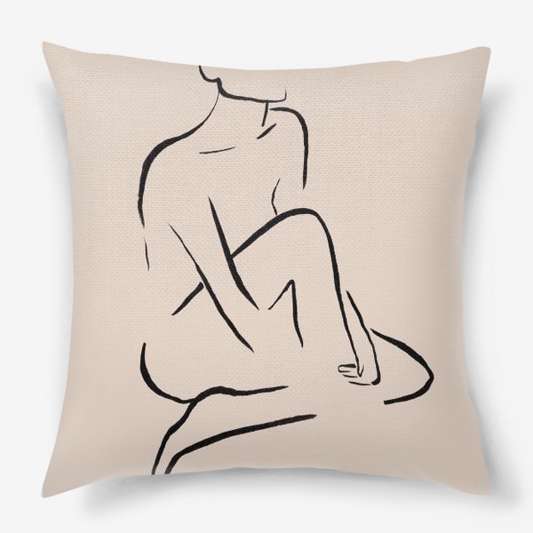 Подушка «Абстрактный женский силуэт. Линейный рисунок чернилами, графика на бежевом фоне»