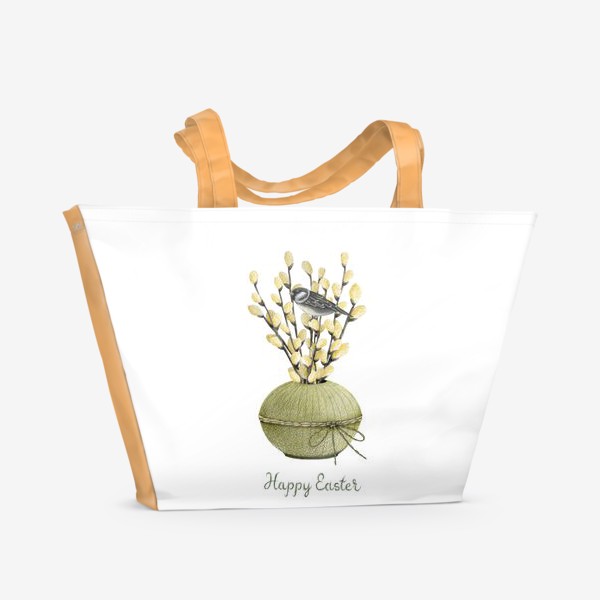 Пляжная сумка «Букет вербы в вазе с птичкой (Пасха)»