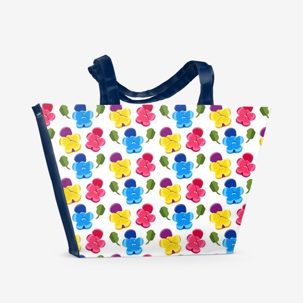 Пляжная сумка «Узор с желто-фиолетовыми цветами Анитиными глазками и зелеными листиками.»