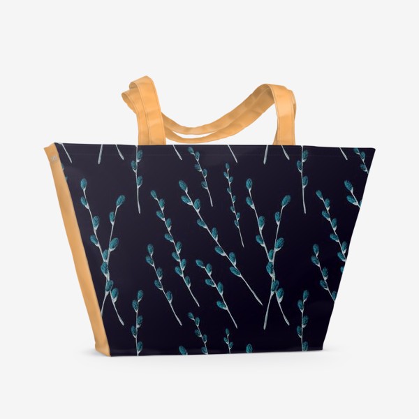 Пляжная сумка «Паттерн с веточками вербы на черном фоне»