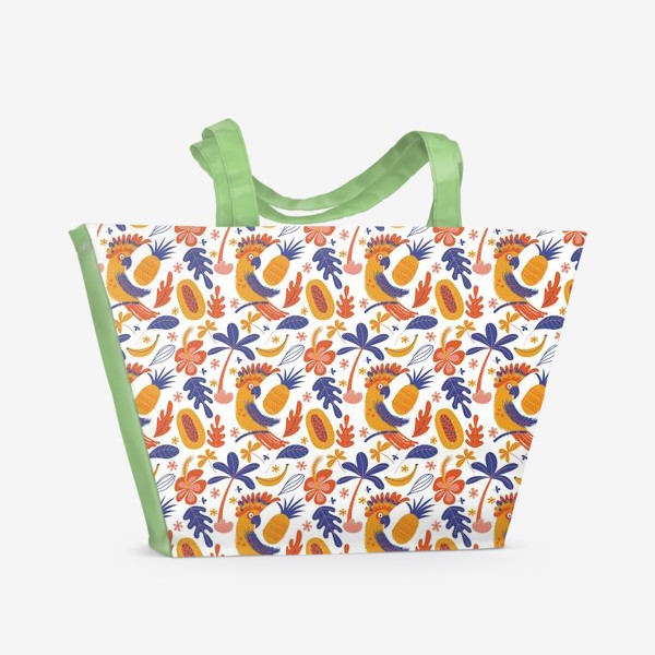 Пляжная сумка «Попугаи среди цветов и тропических фруктов»