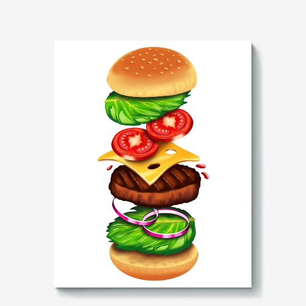Холст «Бургер, вкусняшка, фаст фуд, фастфуд, еда, для кухни»