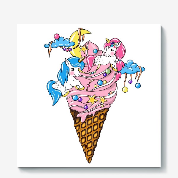 Холст «Единороги, единорог, любовь, романтика, мороженое, мороженка, парочка, для девочки, love»
