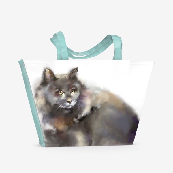 Пляжная сумка «Пушистый черный кот на белом фоне акварелью»