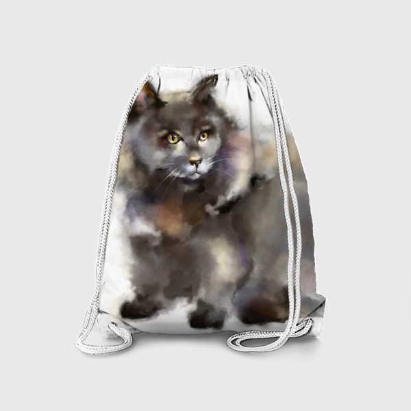 Рюкзак «Пушистый черный кот на белом фоне акварелью»