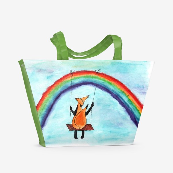 Пляжная сумка «Лисенок на качелях на радуге»