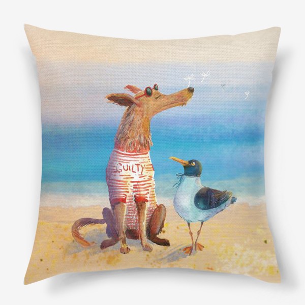 Подушка «Пес и чайка летом на море»