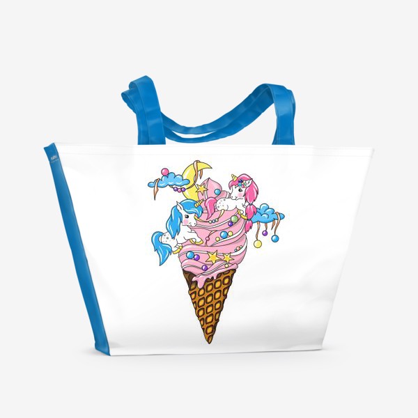 Пляжная сумка «Единороги, единорог, любовь, романтика, мороженое, мороженка, парочка, для девочки, love»