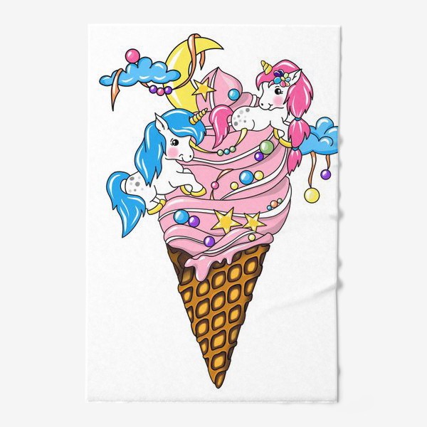 Полотенце «Единороги, единорог, любовь, романтика, мороженое, мороженка, парочка, для девочки, love»