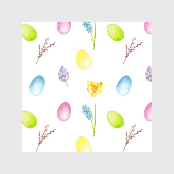 Шторы «Пасха. Цветные яйца, весенние цветы, верба. Акварельный паттерн на белом фоне»