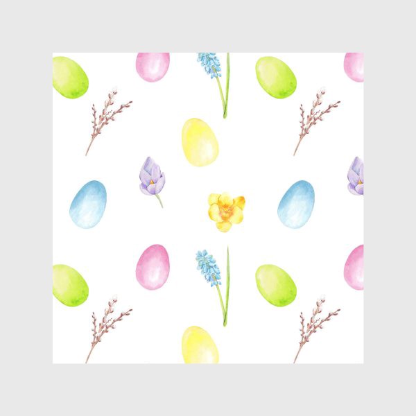 Скатерть «Пасха. Цветные яйца, весенние цветы, верба. Акварельный паттерн на белом фоне»