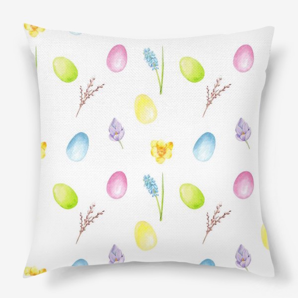 Подушка «Пасха. Цветные яйца, весенние цветы, верба. Акварельный паттерн на белом фоне»