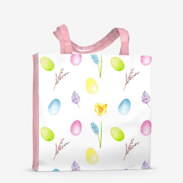 Сумка-шоппер «Пасха. Цветные яйца, весенние цветы, верба. Акварельный паттерн на белом фоне»